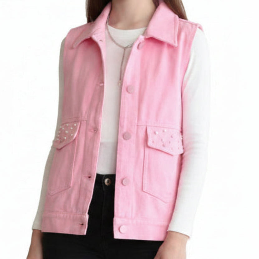Pink Denim-Style Vest – Beaded Accents (Ages 7-13)