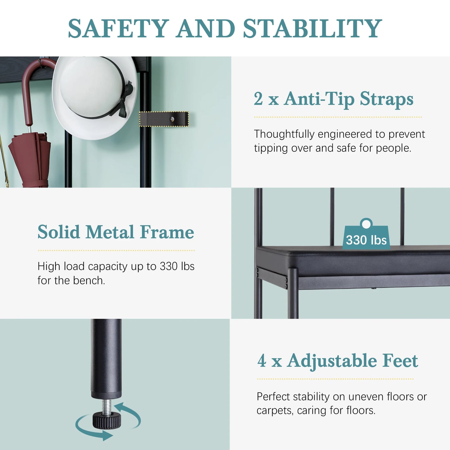 Product features including anti-tip straps, solid metal frame, adjustable feet, and load capacity on a light blue background.