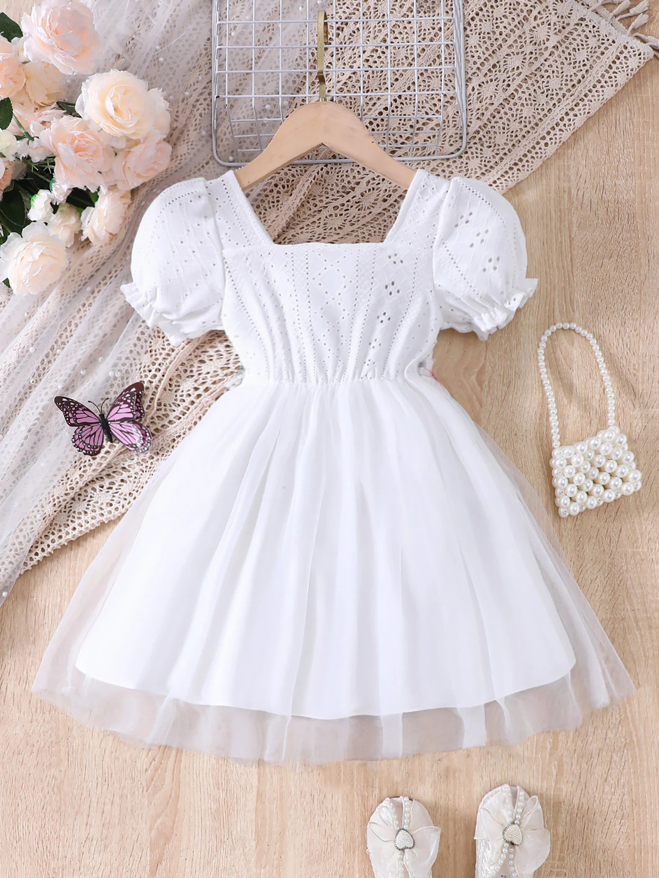 Girls' Knitted Lantern Sleeve Short-Sleeve Dress with Floral Embroidery, for Ages 4-7