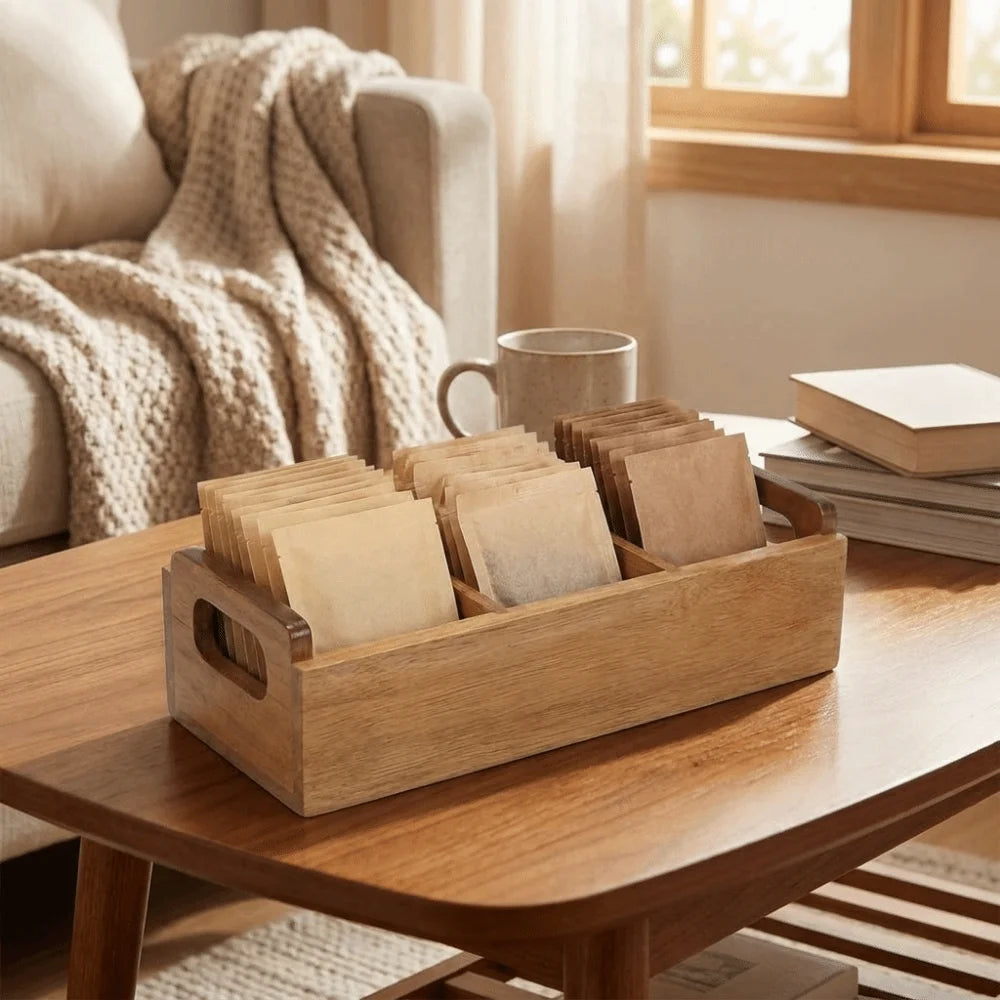 Practical Wooden Tea Bag Storage Box Dual Side Handles Large Capacity Sugar Packet Storage Box 3 Slots Tea Bag Holder Office
