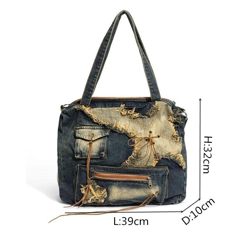 Nesitu High Quality Denim Large Capacity A4 Women Shoulder Messenger Bag Handbag Cross Body Lightweight Blue Black M250301