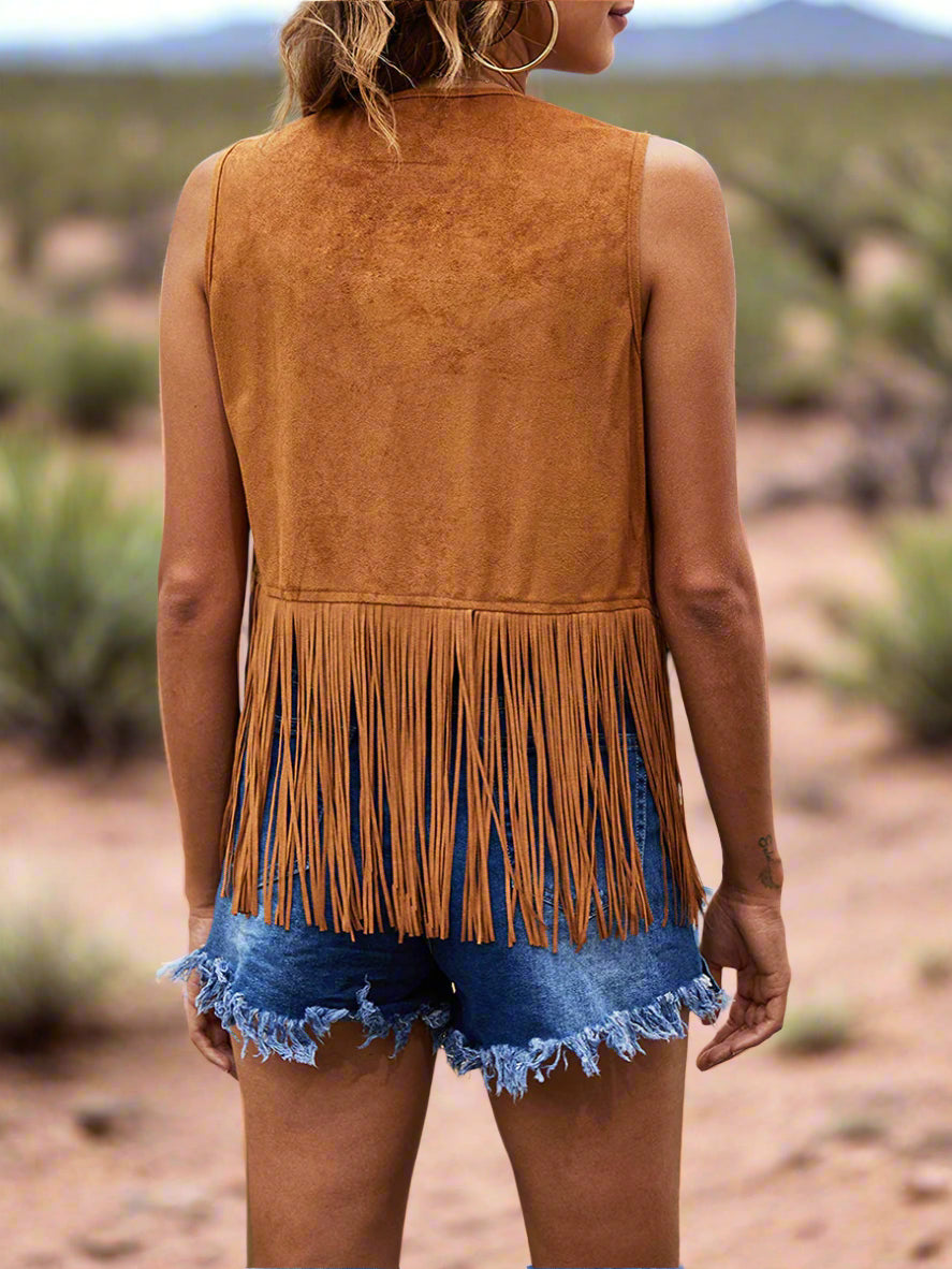 Seventies-Vintage Women's Faux Suede Fringed Vest
