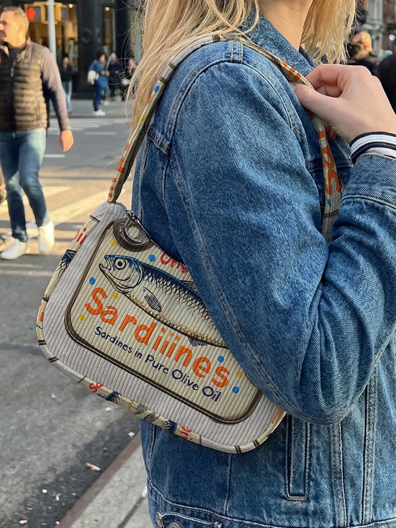 Trendy Sardine Print Shoulder Bag, Corduroy Underarm Bag for Daily Casual Use
