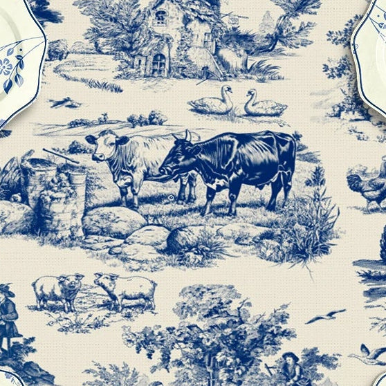Pastoral Toile Print French Country-style Blue and White Tablecloth
