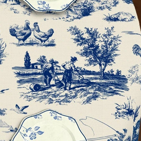 Pastoral Toile Print French Country-style Blue and White Tablecloth