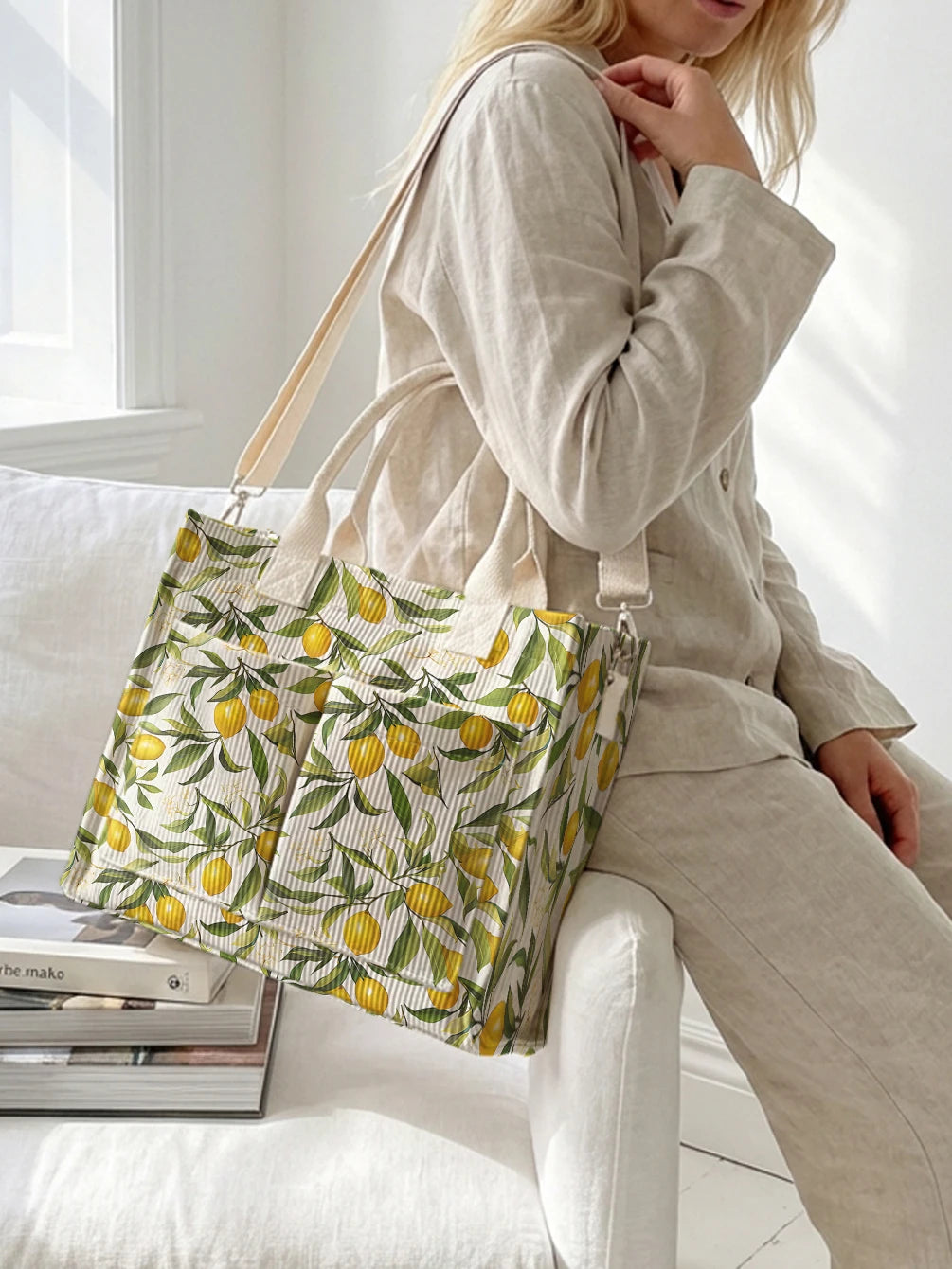 Lemon & Leaf Print Corduroy Tote Bag Large Capacity Multi Pocket Commuter Shoulder Bag