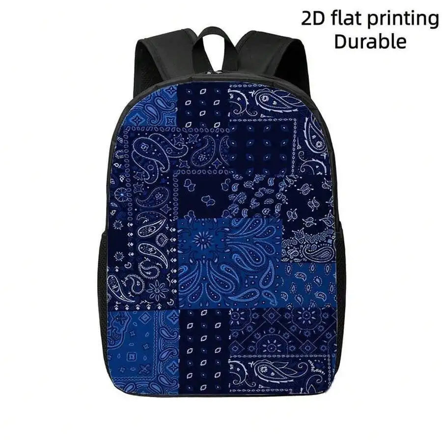 Lightweight Large Capacity Backpack With Blue Paisley Patchwork Design Adjustable Straps Travel Daypack For Adults