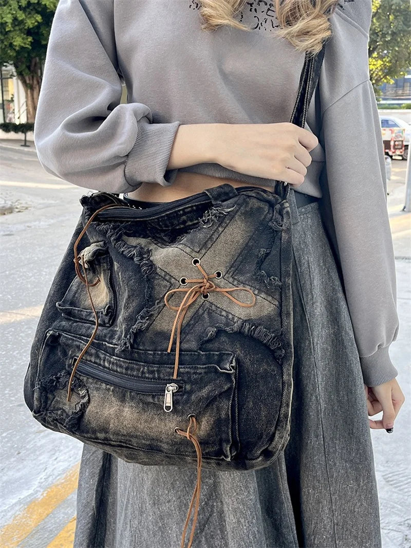 Nesitu High Quality Denim Large Capacity A4 Women Shoulder Messenger Bag Handbag Cross Body Lightweight Blue Black M250301