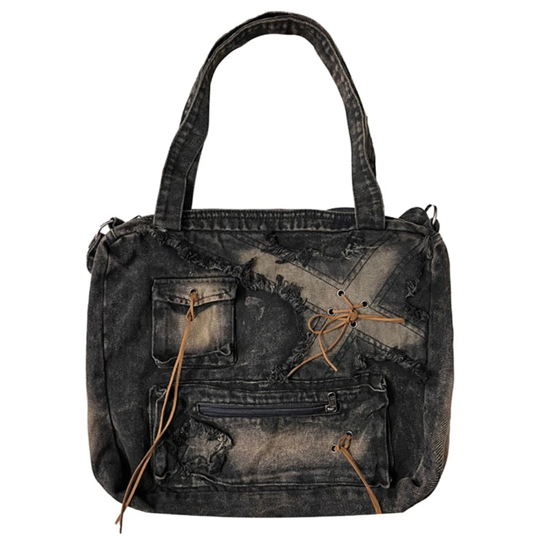Nesitu High Quality Denim Large Capacity A4 Women Shoulder Messenger Bag Handbag Cross Body Lightweight Blue Black M250301