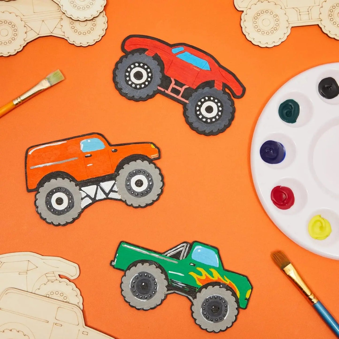 12pcs Unfinished Wood Monster Truck Cutouts, Wooden Craft Shapes