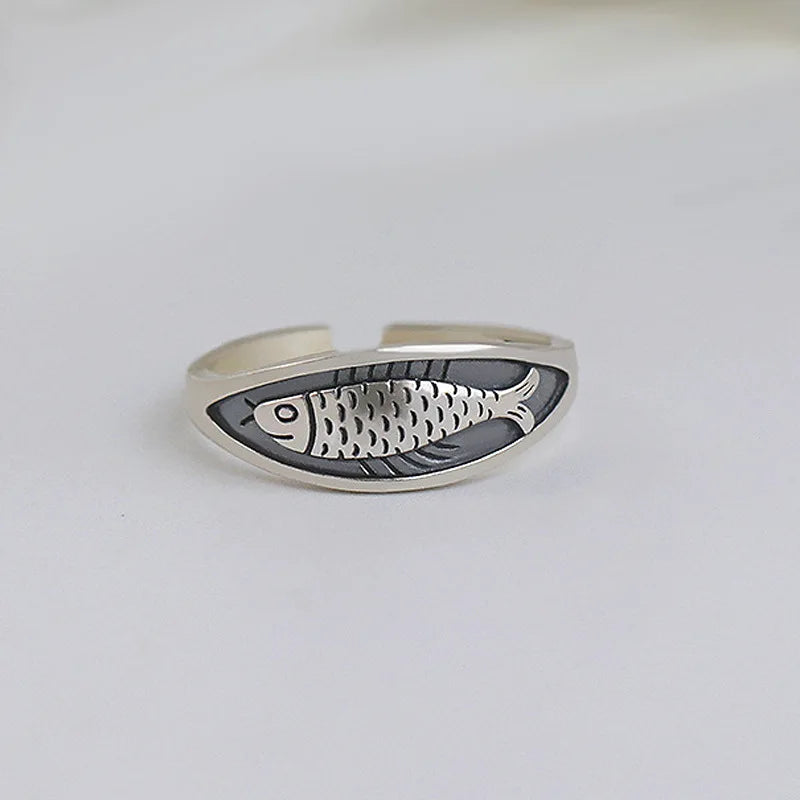 Vintage-Style Adjustable Raised Fish Design Ring – 925 Sterling Silver