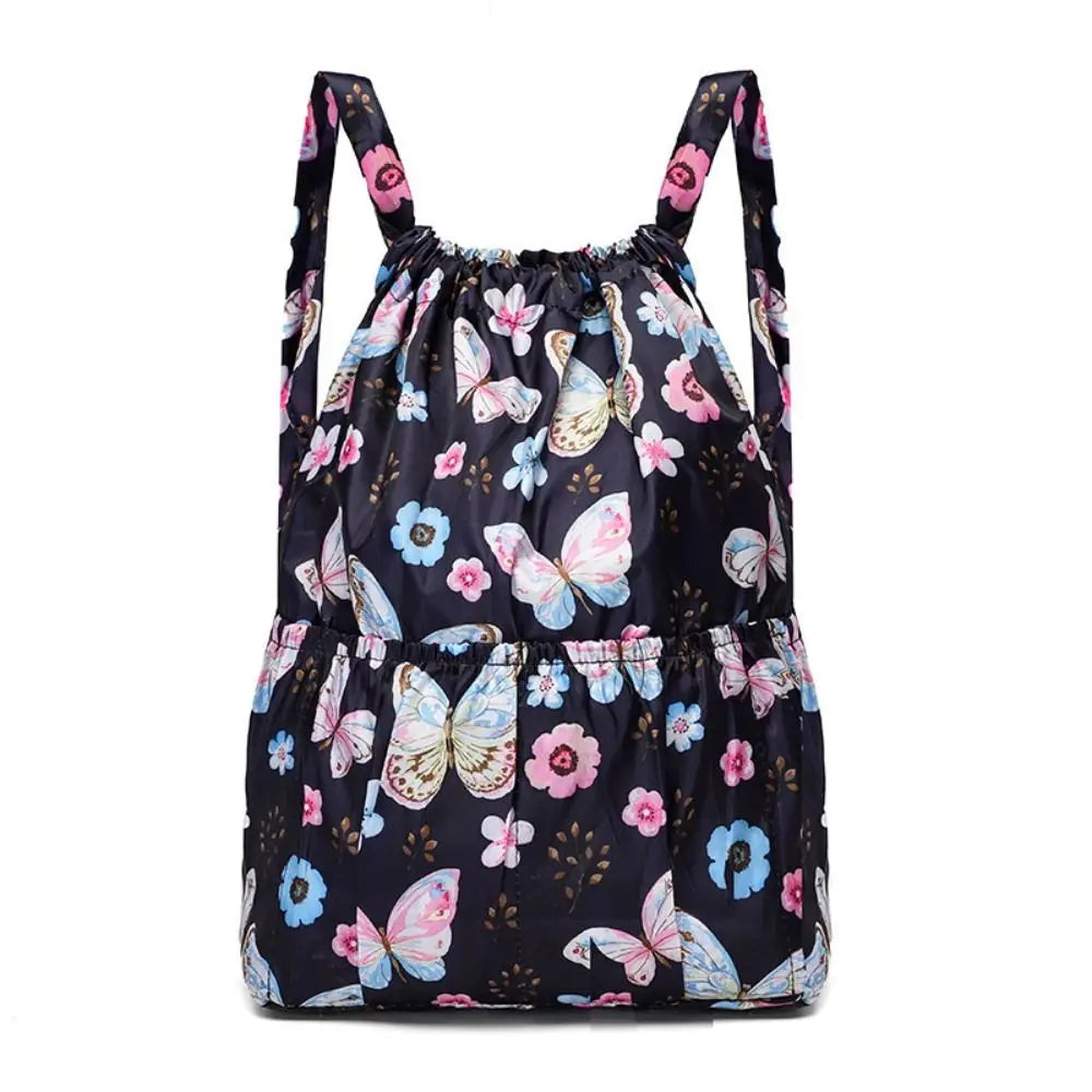 Multifunctional Floral Printed Drawstring Bag Polyester Waterproof Backpacks Fold Sports Travel Bag Teenage Girls