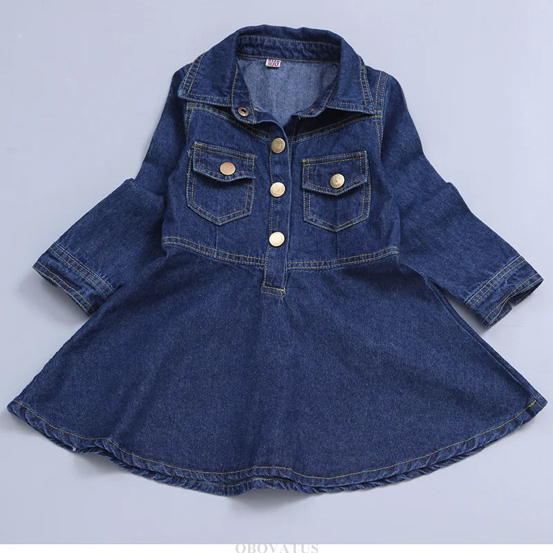 Girls Dark Blue Denim Midi Dress – Long Sleeve Button Front A-Line Jean Dress (Ages 2–13)
