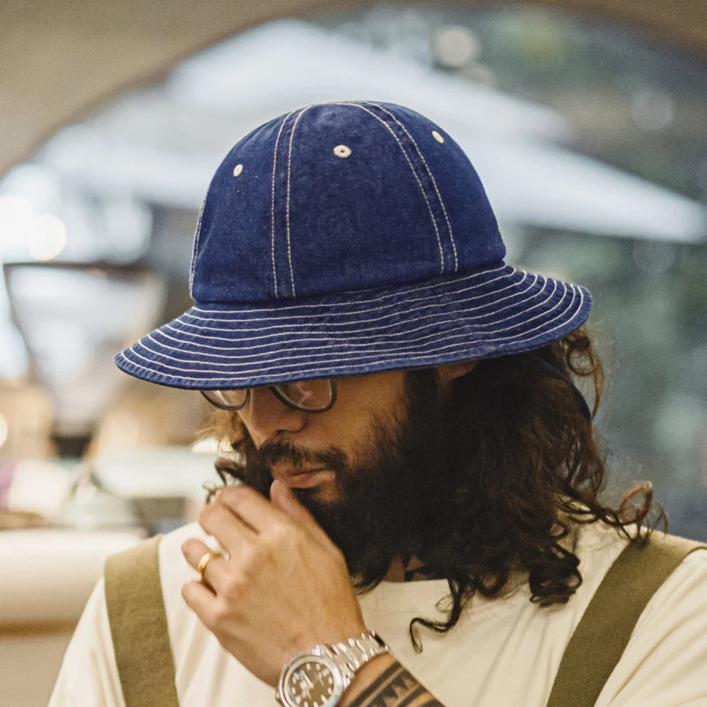 Classic Blue Denim Bucket Hat – Old-School Military Style Sun Hat