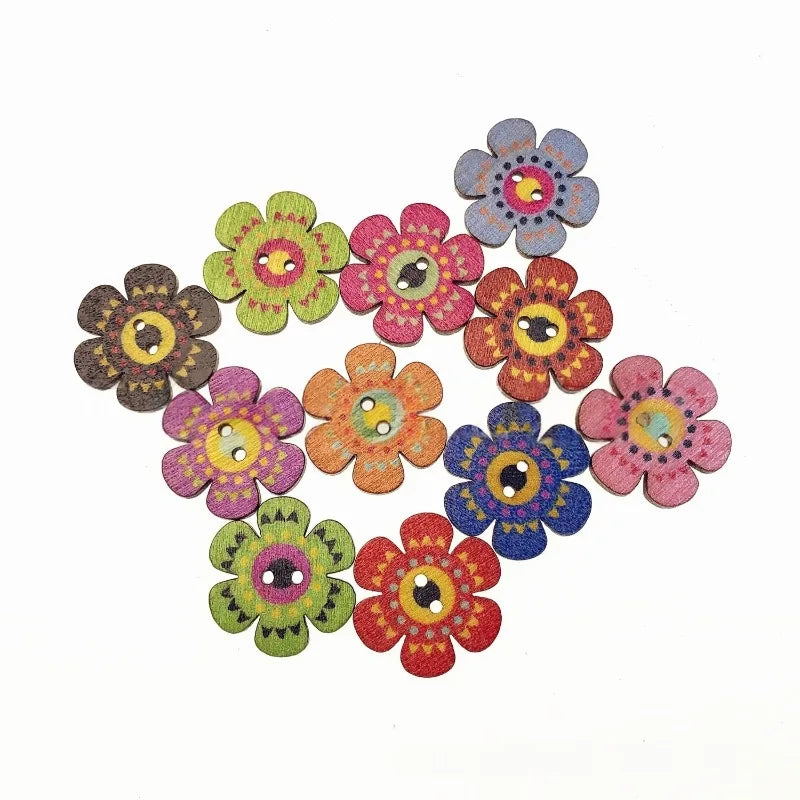 50Pcs 20mm Wood Buttons Mixed Color 2 Holes Flower Shaped Decorative Buttons, Flower Painting Wood Buttons