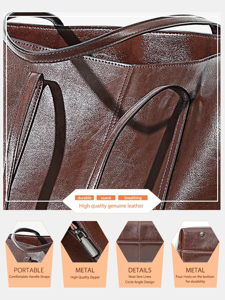 2025 New Coffee Women Handbag 100% Genuine Leather Ladies Shoulder Purse Ladies Black Tote Bag Large Capacity Shopper Bags Brown