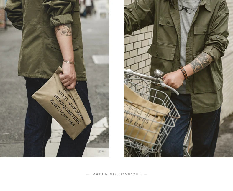 Maden Oil Wax Canvas Handbag Men's Vintage Handbags Khaki Print Purse Envelope Capacity Money Bag Magnetic Buckle Long Wallet