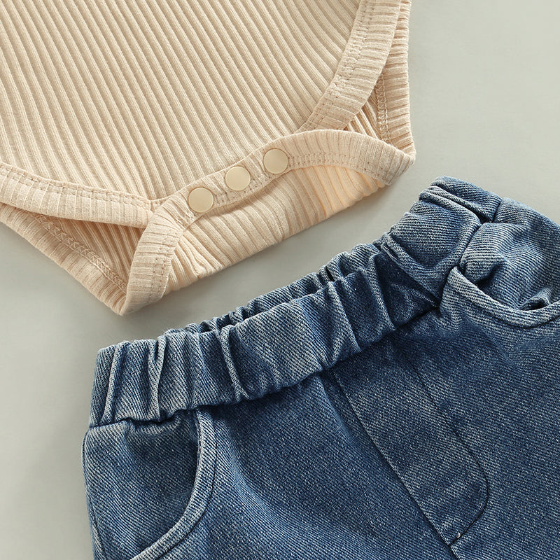 Beige Lace Ruffle Top & Bell-bottoms Jeans Set for Infants & Toddlers, 6M  to 18M