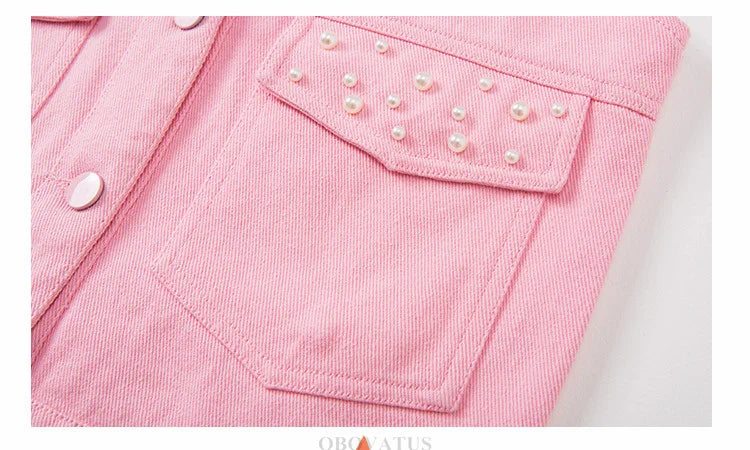 Pink Denim-Style Vest – Beaded Accents (Ages 7-13)