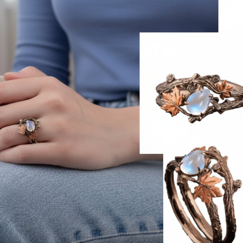 Close-up of a hand wearing a decorative ring with additional rings displayed on the side.