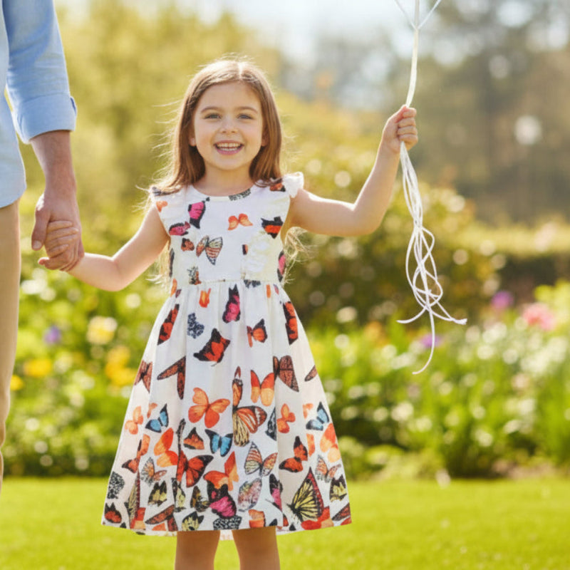 Girls' Spring, Summer Sleeveless Ruffle Butterfly-Print Dress