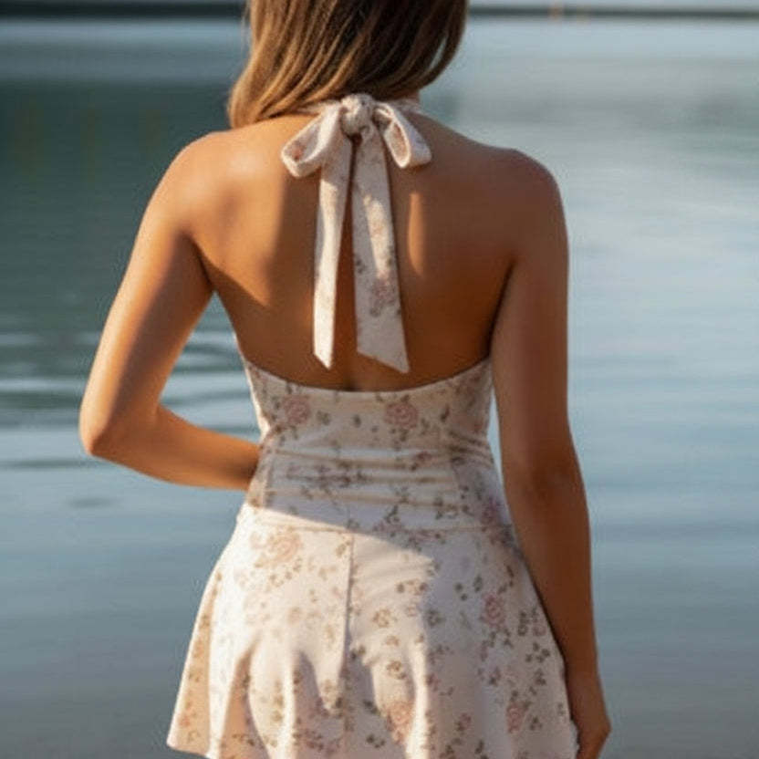 Ditsy Floral Swim Dress – Vintage 1940s Style Tie-Neck Swimsuit with Twist Front Keyhole & Skirted Bottom