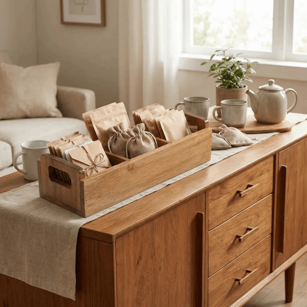 Practical Wooden Tea Bag Storage Box Dual Side Handles Large Capacity Sugar Packet Storage Box 3 Slots Tea Bag Holder Office