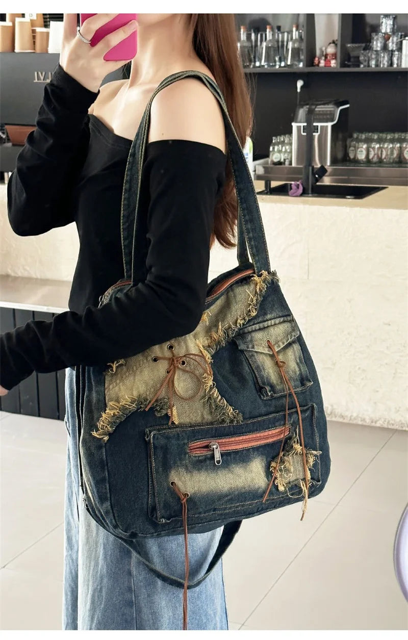 Nesitu High Quality Denim Large Capacity A4 Women Shoulder Messenger Bag Handbag Cross Body Lightweight Blue Black M250301