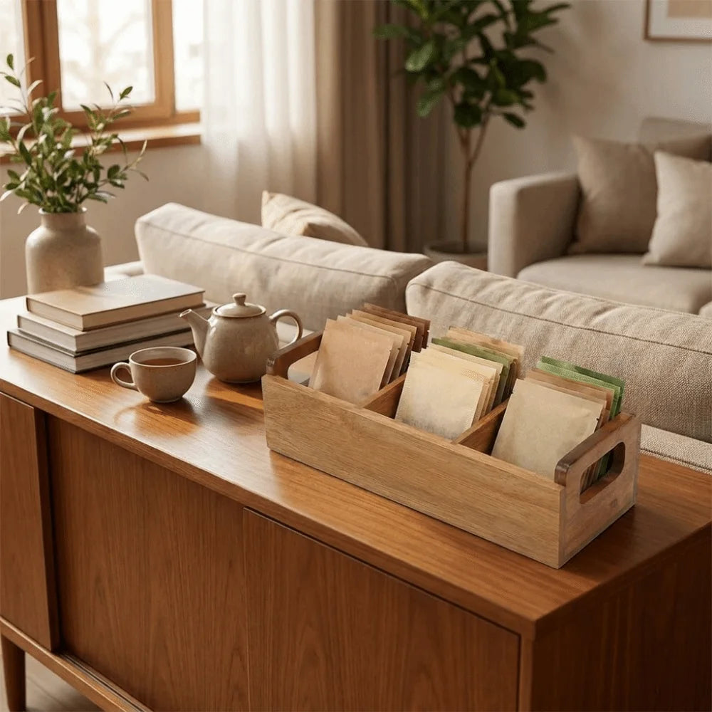 Practical Wooden Tea Bag Storage Box Dual Side Handles Large Capacity Sugar Packet Storage Box 3 Slots Tea Bag Holder Office