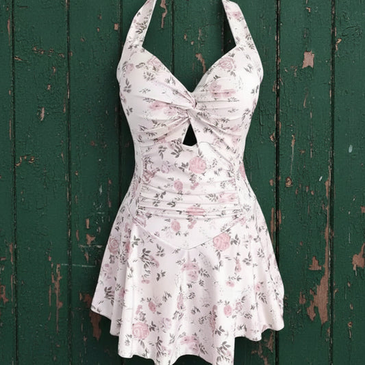 Ditsy Floral Swim Dress – Vintage 1940s Style Tie-Neck Swimsuit with Twist Front Keyhole & Skirted Bottom