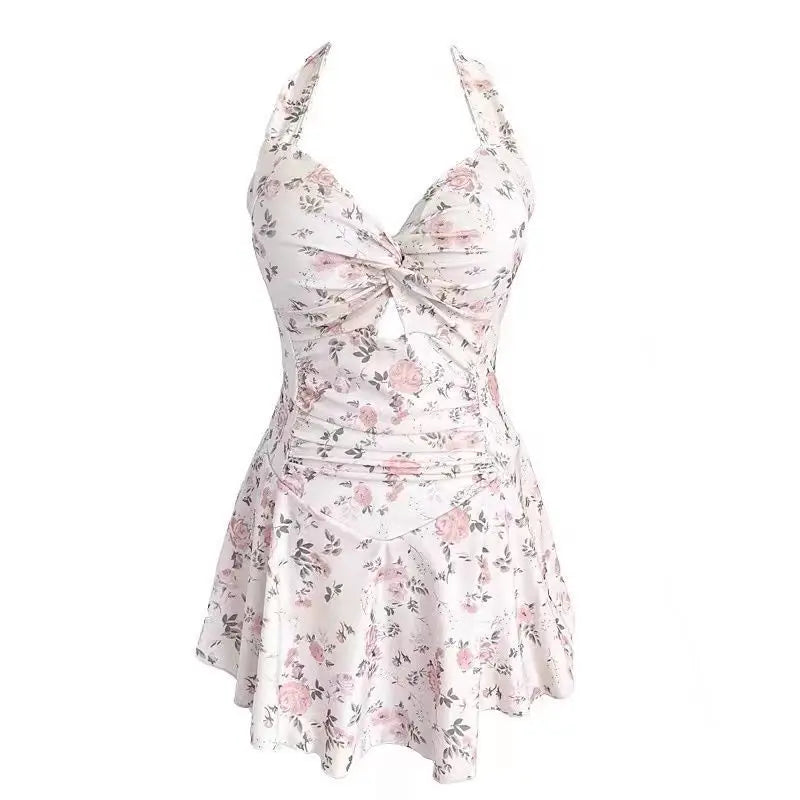 Ditsy Floral Swim Dress – Vintage 1940s Style Tie-Neck Swimsuit with Twist Front Keyhole & Skirted Bottom