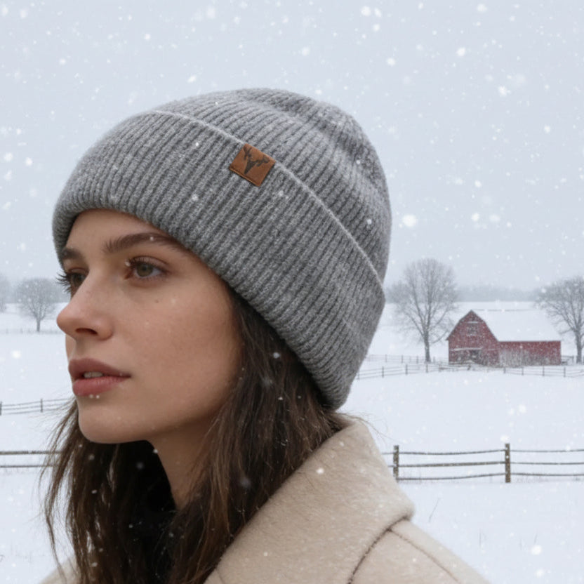 Winter Hat Plush Fleece-Lined Knit Cap--Knitted Hat w Deer Head Patch Accent