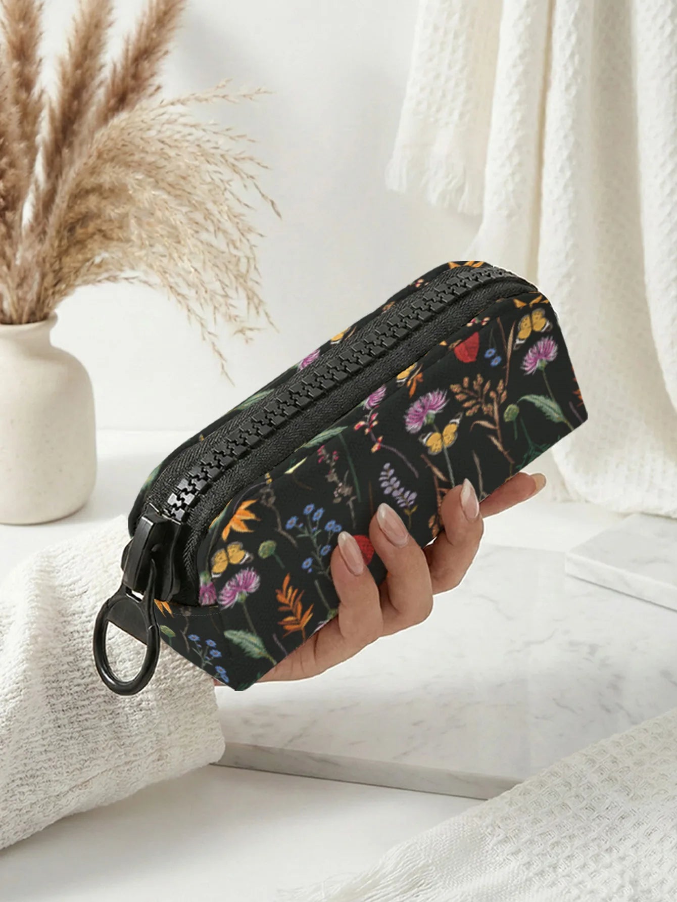 1 piece, large zipper wildflower pattern printed makeup bag, large zipper stationery pencil case, suitable for school supplies