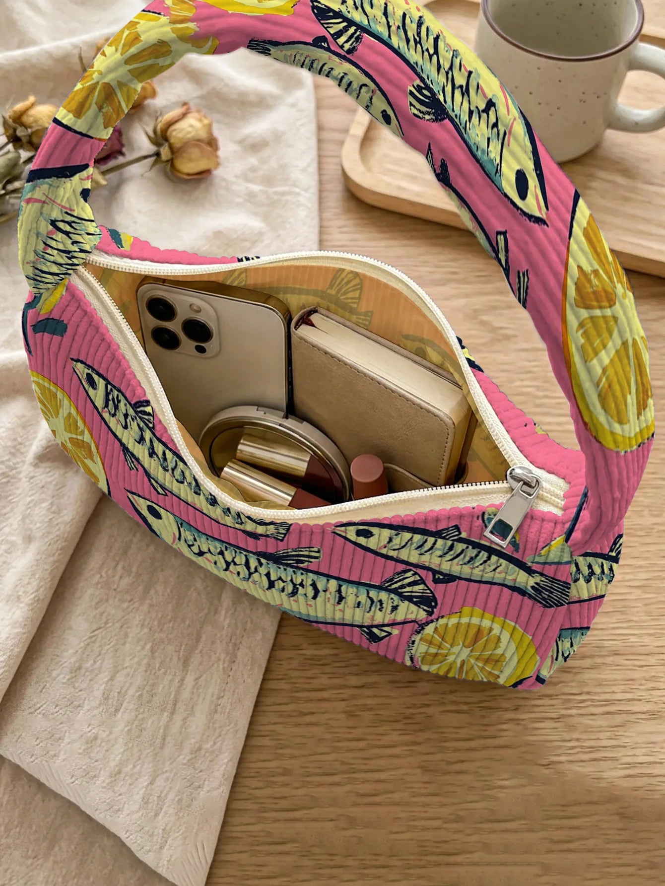 Trendy Fish & Lemon Print Shoulder Bag, Pink Corduroy Underarm Bag for Daily Casual Use
