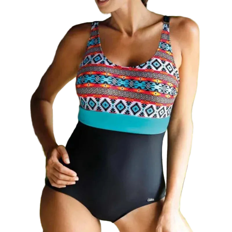Boho Southwestern Tribal Stripe Pattern Print One-Piece Sport Swimsuit