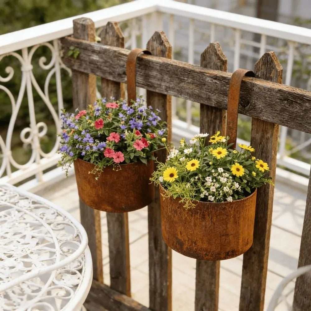 Handcrafted Wall Hanging Flower Bucket Antique Styles Rusted Iron Hanging Flowerpot Weather-Resistant Unique Metal Plant Hangers