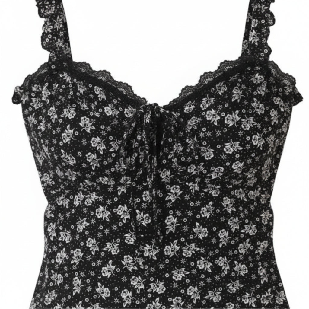 Black with White Ditsy Floral Roses Print High Waist, Ruffle Straps One-piece Swimsuit