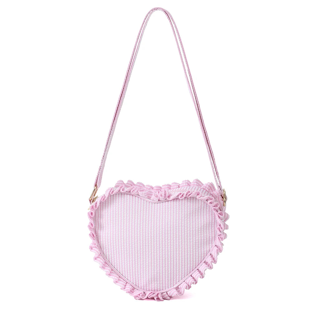 Ruffle Heart Shape Crossbody Bag Fashion Stripe Pink Girl Seersucker Zipper Sling Bags For Women Outdoor Travel Mini Purse