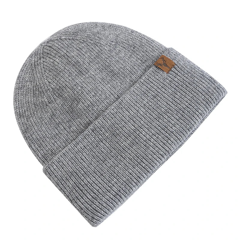 Winter Hat Plush Fleece-Lined Knit Cap--Knitted Hat w Deer Head Patch Accent