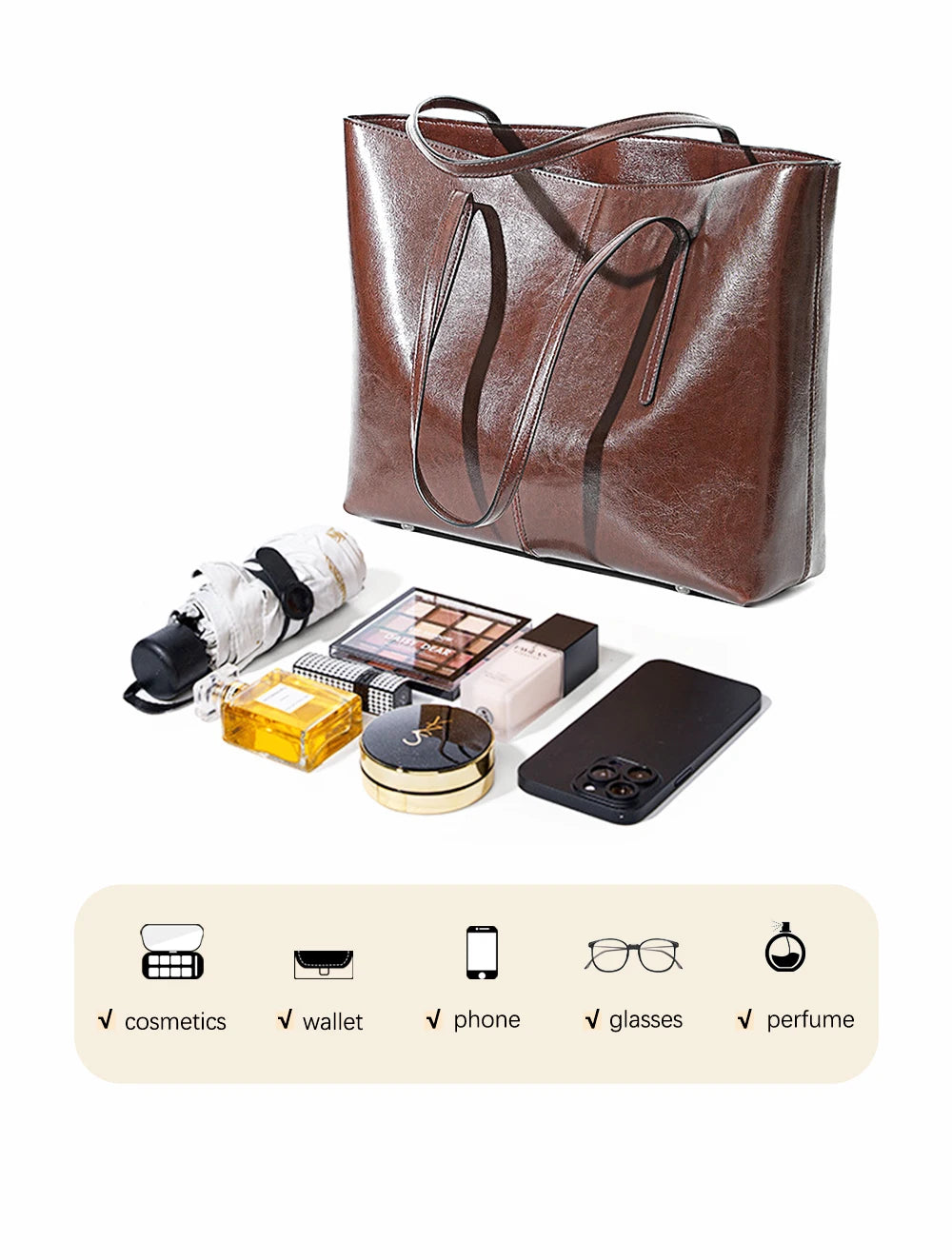 2025 New Coffee Women Handbag 100% Genuine Leather Ladies Shoulder Purse Ladies Black Tote Bag Large Capacity Shopper Bags Brown