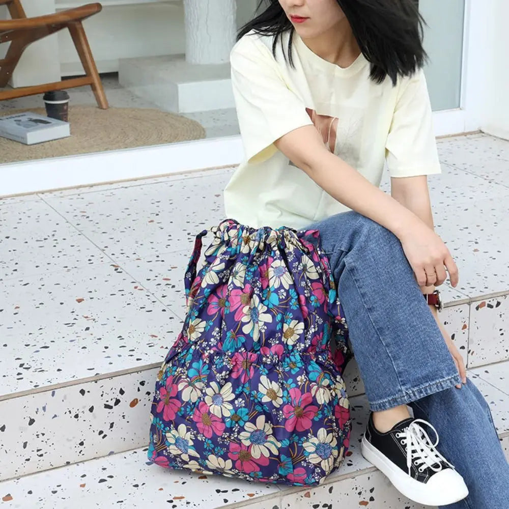 Multifunctional Floral Printed Drawstring Bag Polyester Waterproof Backpacks Fold Sports Travel Bag Teenage Girls