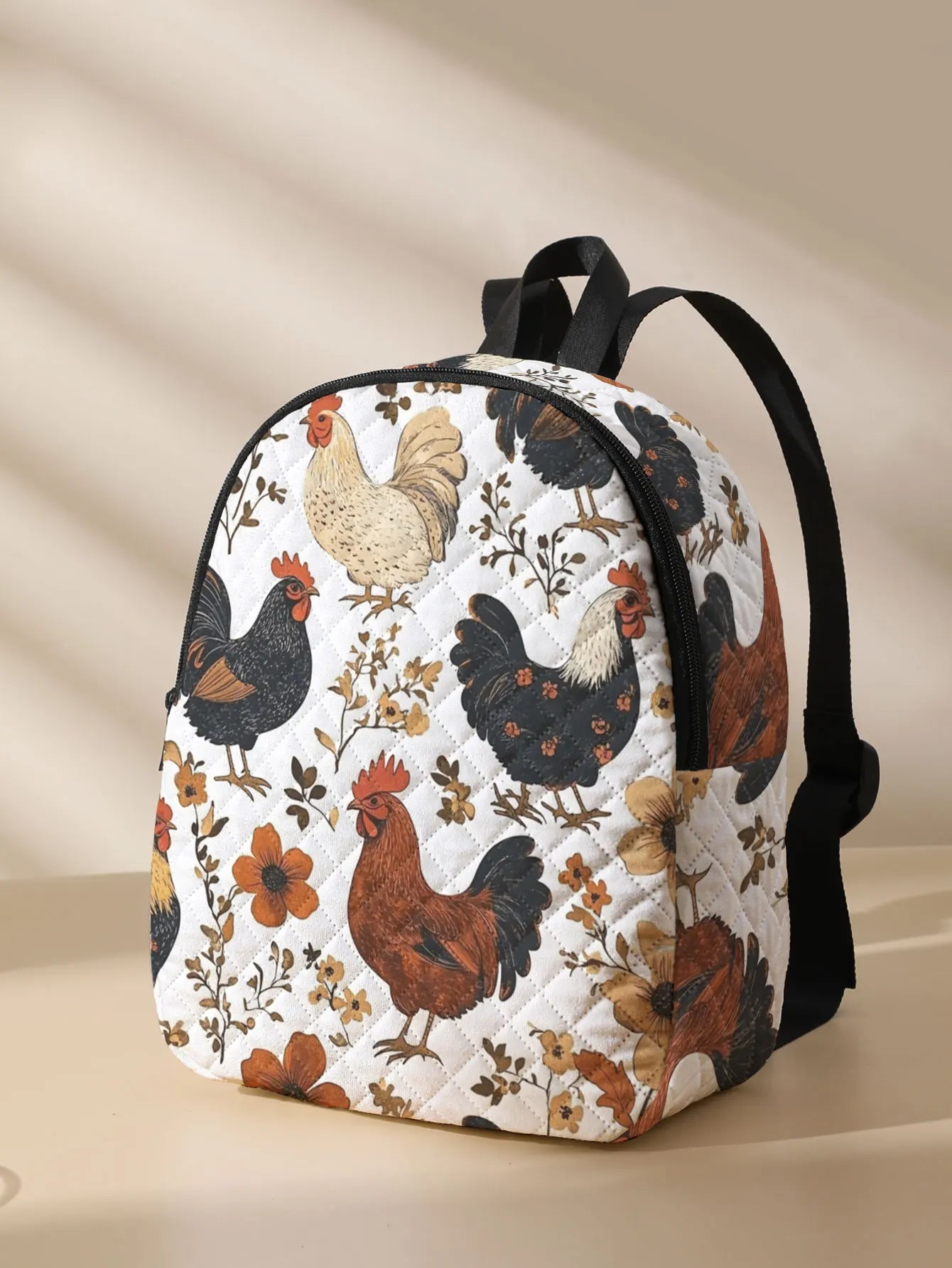 Rooster and Hen Printed Quilted Compact Backpack, Suitable for Outdoor, Travel, Campus, and Daily Use by Both Men and Women