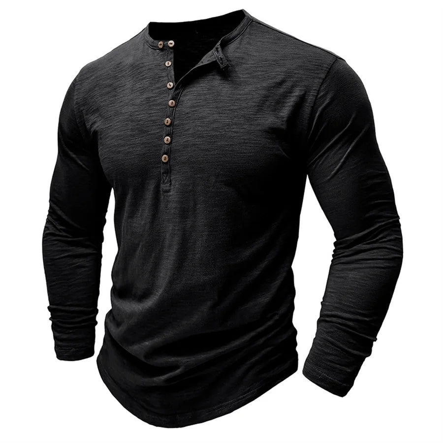 Men's 100% Cotton Henley T-Shirt Quality Long Sleeve Basic T Shirt