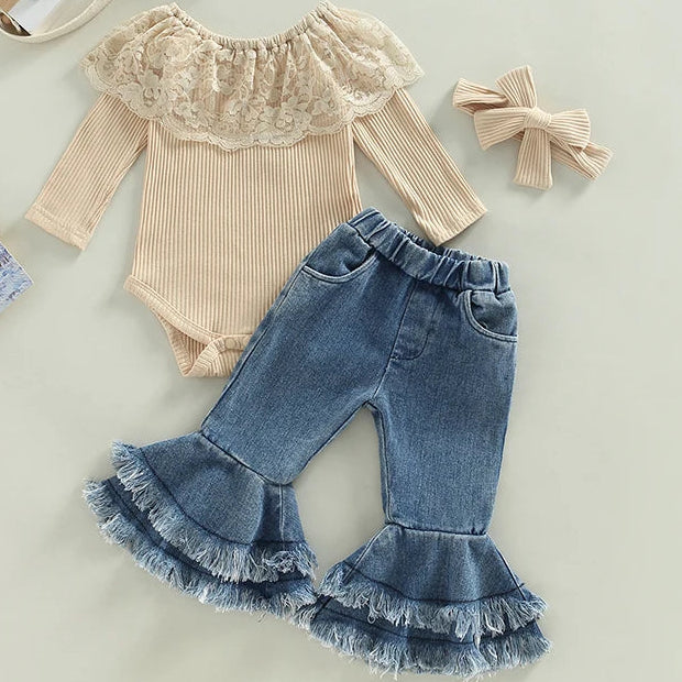 Beige Lace Ruffle Top & Bell-bottoms Jeans Set for Infants & Toddlers, 6M  to 18M