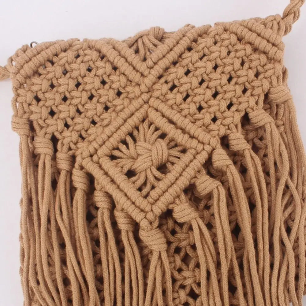 Simple Ethnic Style Woven Straw Bag Solid Color Fringe Tassel Shoulder Bag Coin Purse Phone Bag Women Crossbody Bag Beach