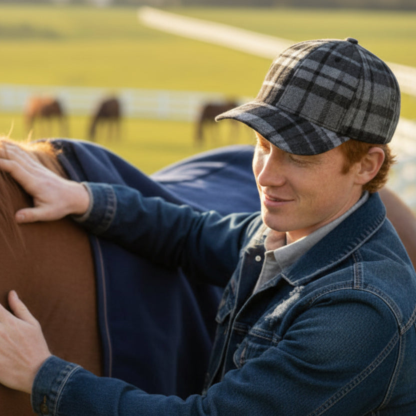 Man wearing a plaid cap and denim jacket blanketing a horse in a field with grazing animals.