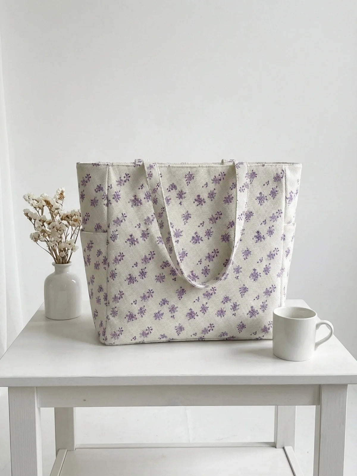 Floral printed large capacity women's handbag, canvas shoulder bag, casual commuting shopping bag