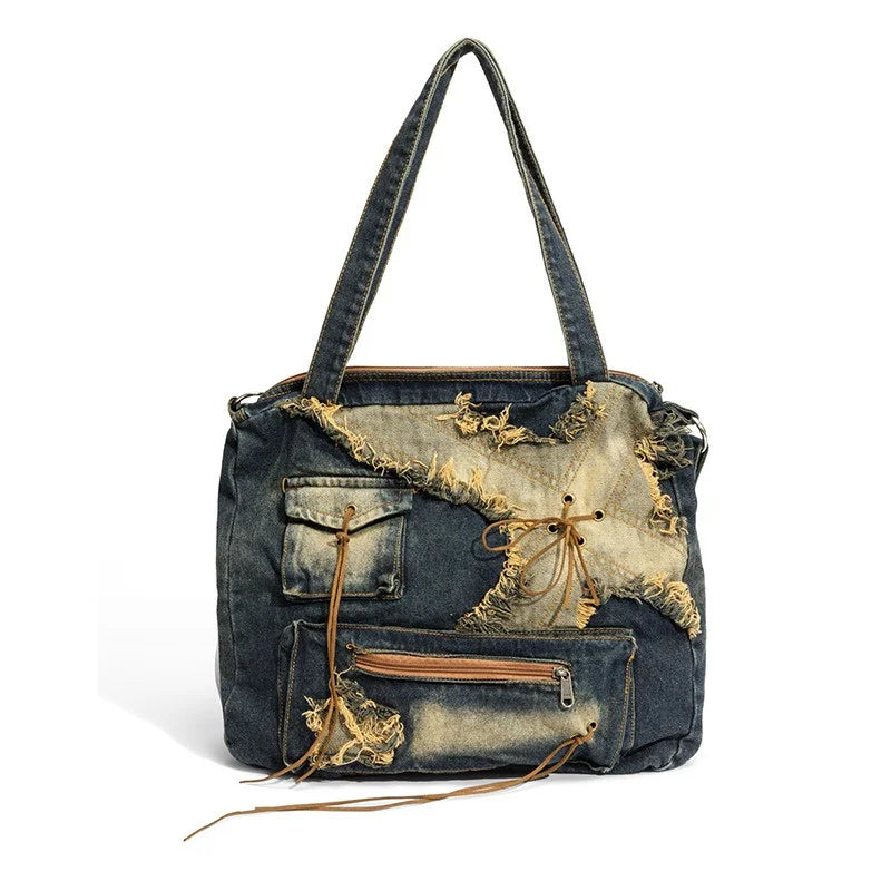 Nesitu High Quality Denim Large Capacity A4 Women Shoulder Messenger Bag Handbag Cross Body Lightweight Blue Black M250301