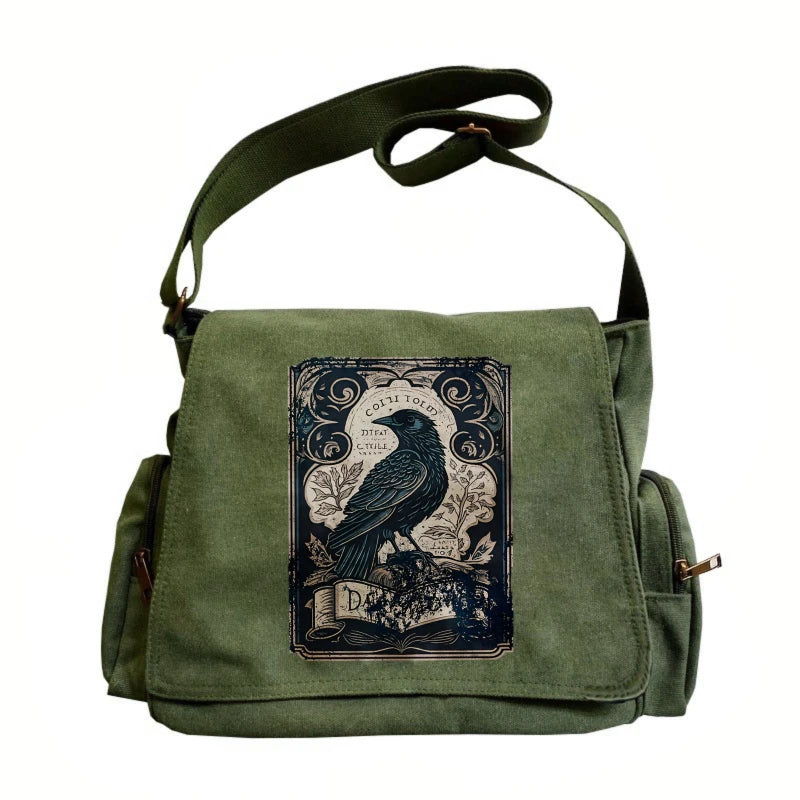 Vintage Raven Print Women's Shoulder Bag Men's Crossbody Messenger Bag Large Capacity Canvas Laptop Bag