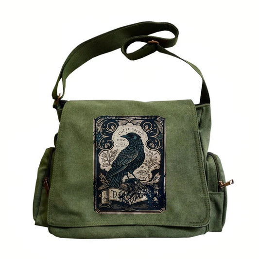 Vintage Raven Print Women's Shoulder Bag Men's Crossbody Messenger Bag Large Capacity Canvas Laptop Bag